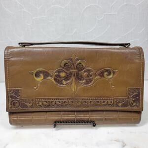 Antique Tooled Leather Clutch Handbag Brown Gold‎ Taffeta Kiss Lock Handle Purse